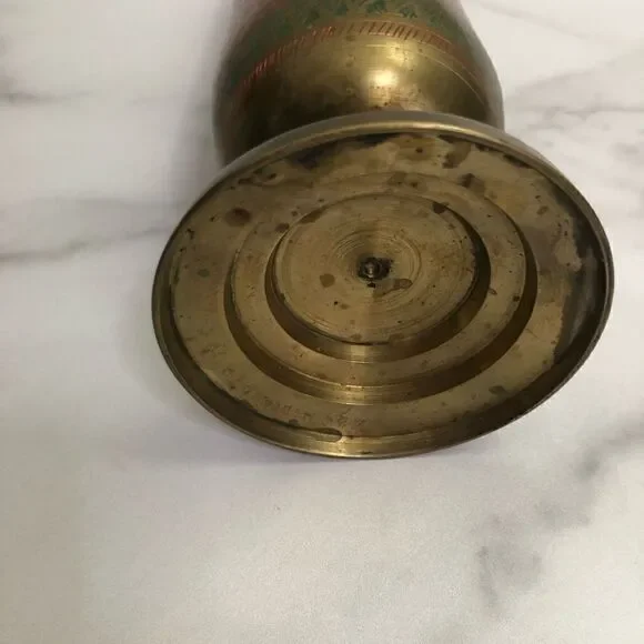 Vintage Etched Enamel Brass Footed Urn/Vase Red and Green Floral - Picture 6 of 10